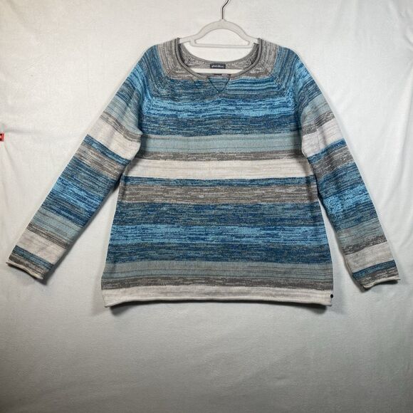 Eddie Bauer Sweaters - Eddie Bauer Women’s XL Blue Gray Striped Cotton Knit Sweater Pullover